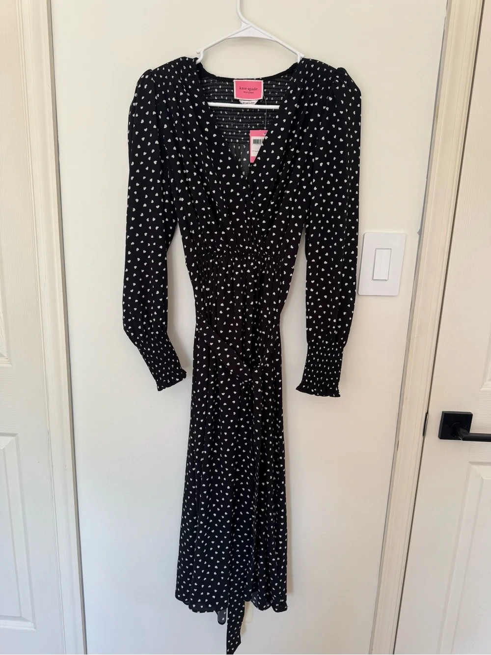 NWT Kate Spade Black Long Sleeve Heart-Print Wrap Dress
